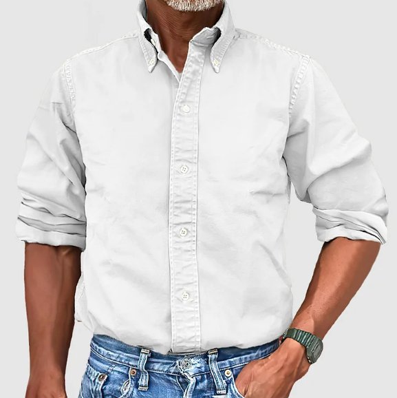 Men's vintage wash button-down shirt, long sleeve, relaxed fit, perfect for casual comfort.