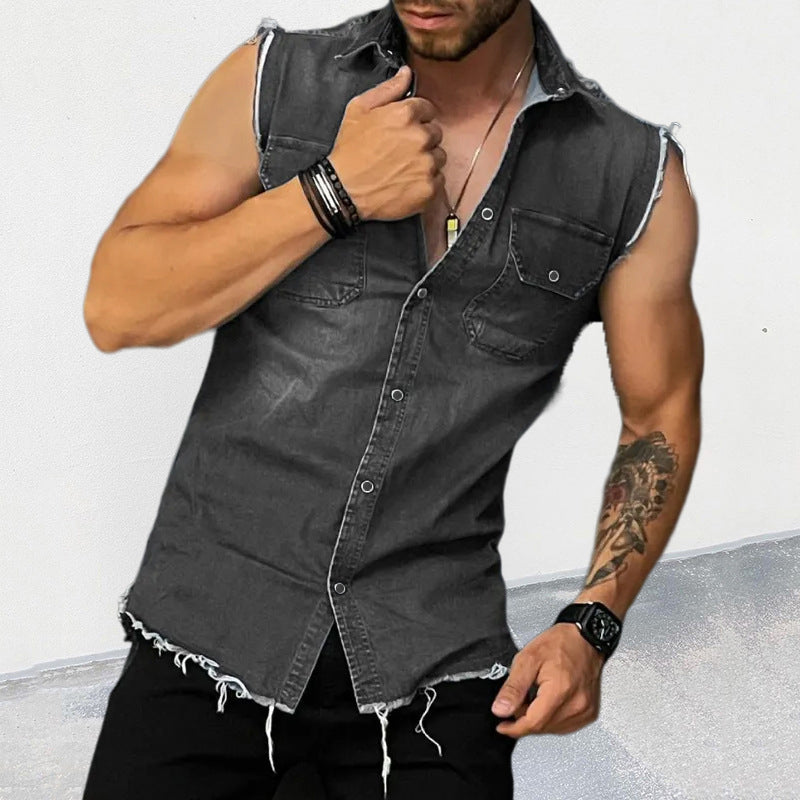 Distressed vintage wash men's sleeveless shirt, perfect for cool summer fashion and rugged casual outfits.