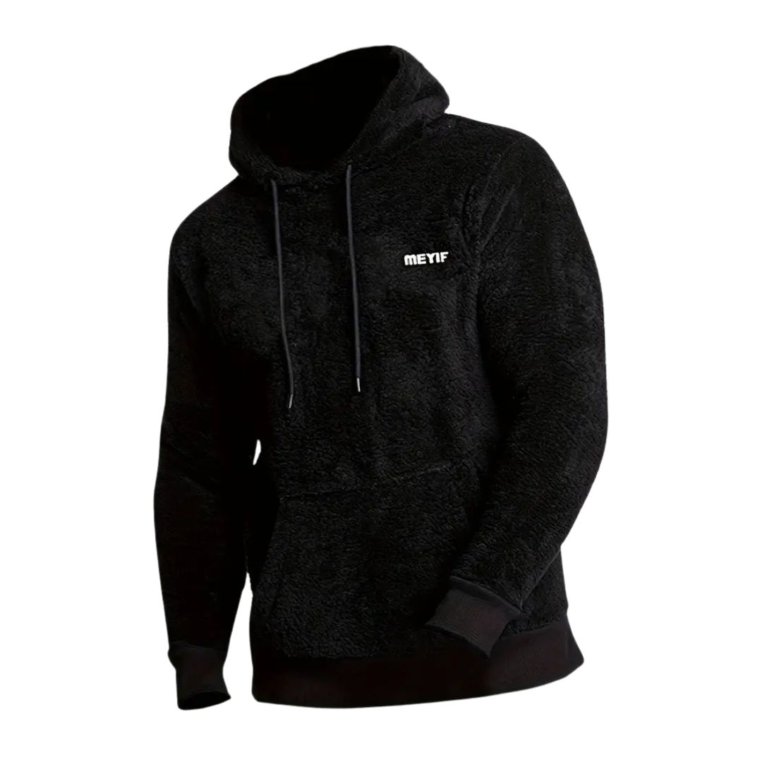 Men's warm black plush-lined hoodie for cozy winter comfort & casual wear.
