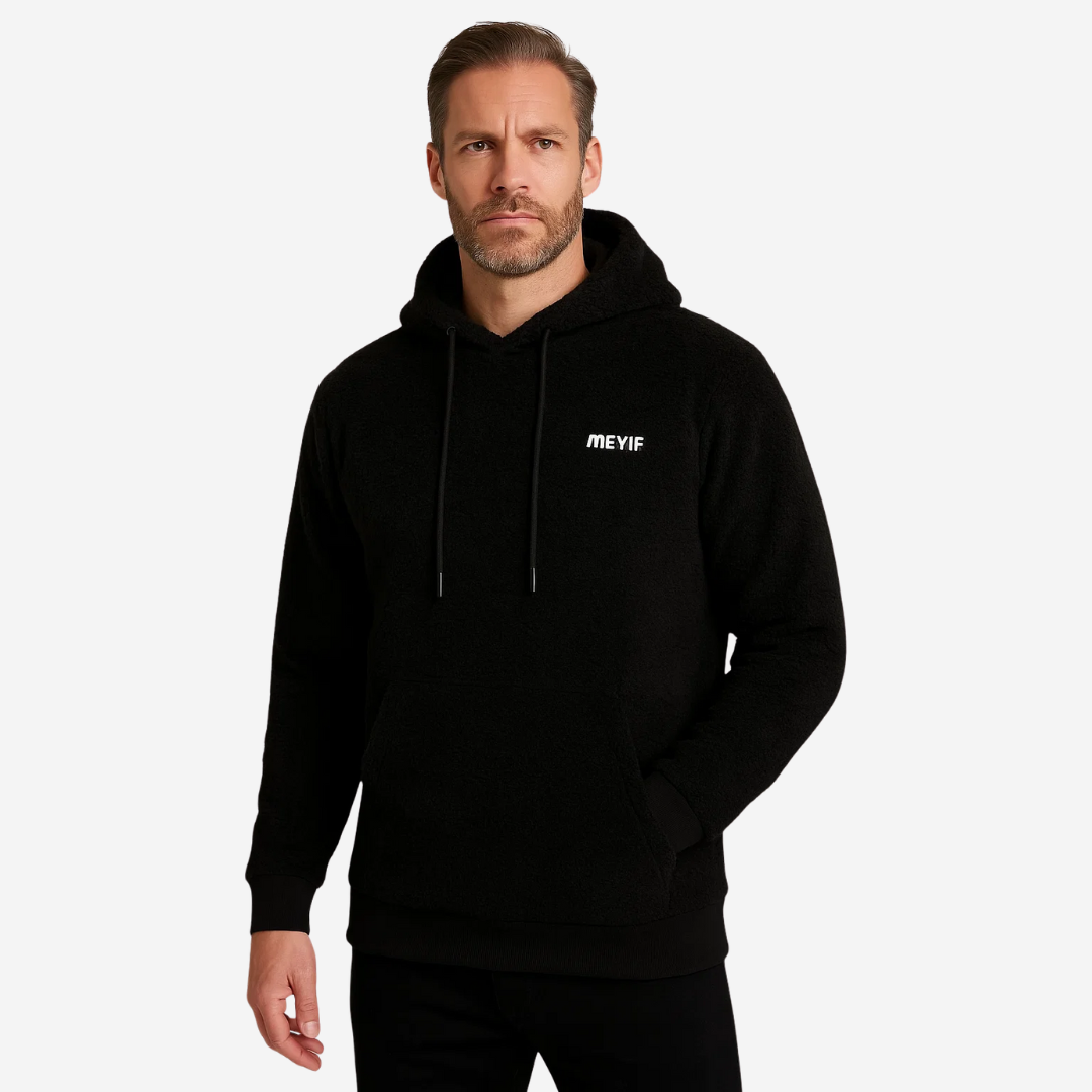 Cozy men's gray plush-lined pullover hoodie, perfect for autumn fashion & cold weather.