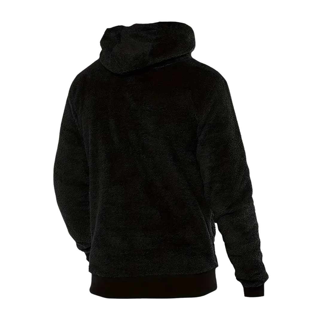 Stylish men's black hoodie with plush lining and hood, great for winter outfits.
