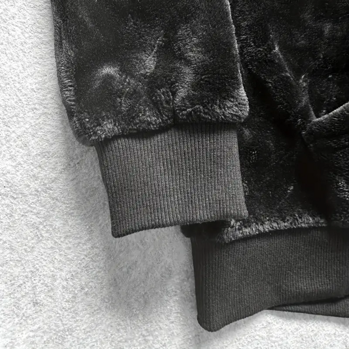 Warm gray plush-lined men's pullover hoodie, essential for chilly autumn & winter days.