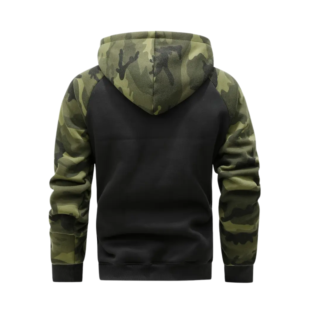 Warm camouflage men's coat, ideal for hiking, camping, and fall/winter outdoor wear.