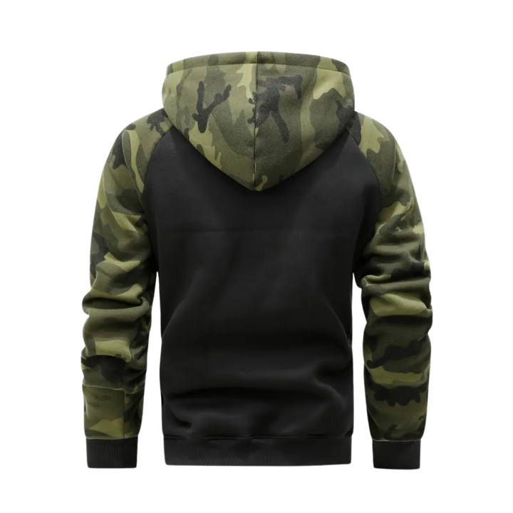 Warm camouflage men's coat, ideal for hiking, camping, and fall/winter outdoor wear.