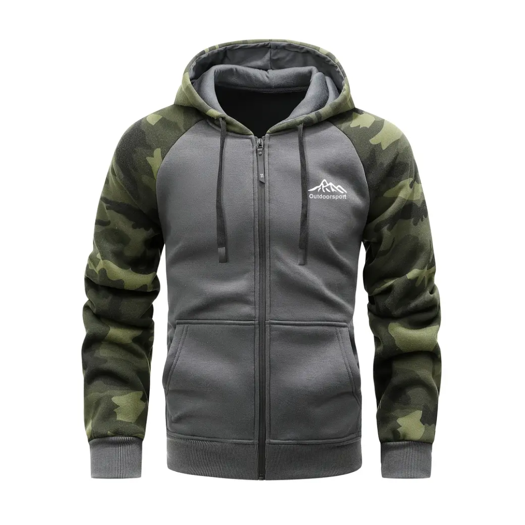 Men's warm camo jacket for outdoor activities, fall, winter, and casual wear.