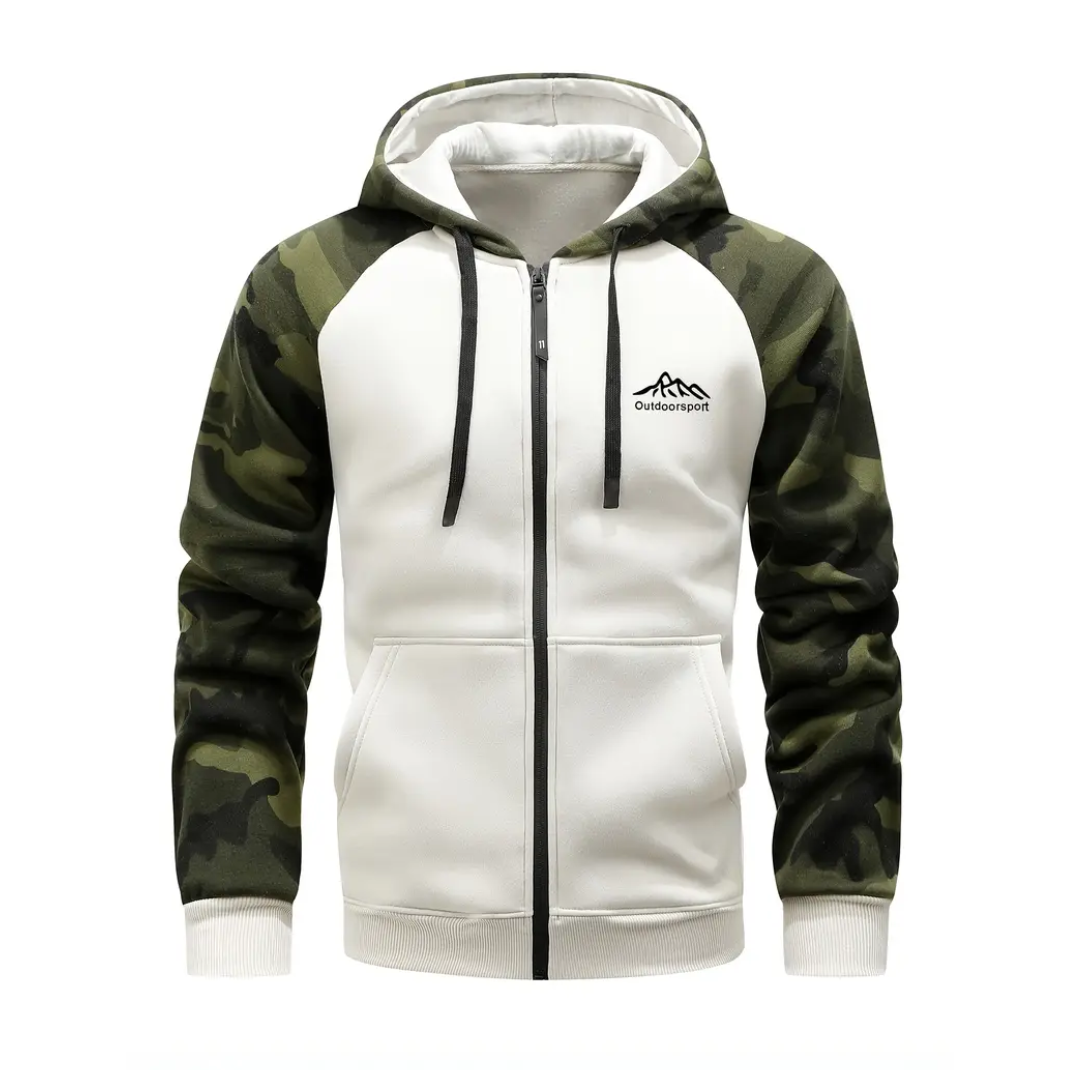 Cozy men's camo fleece jacket, ideal fall & winter outerwear for outdoor activities.