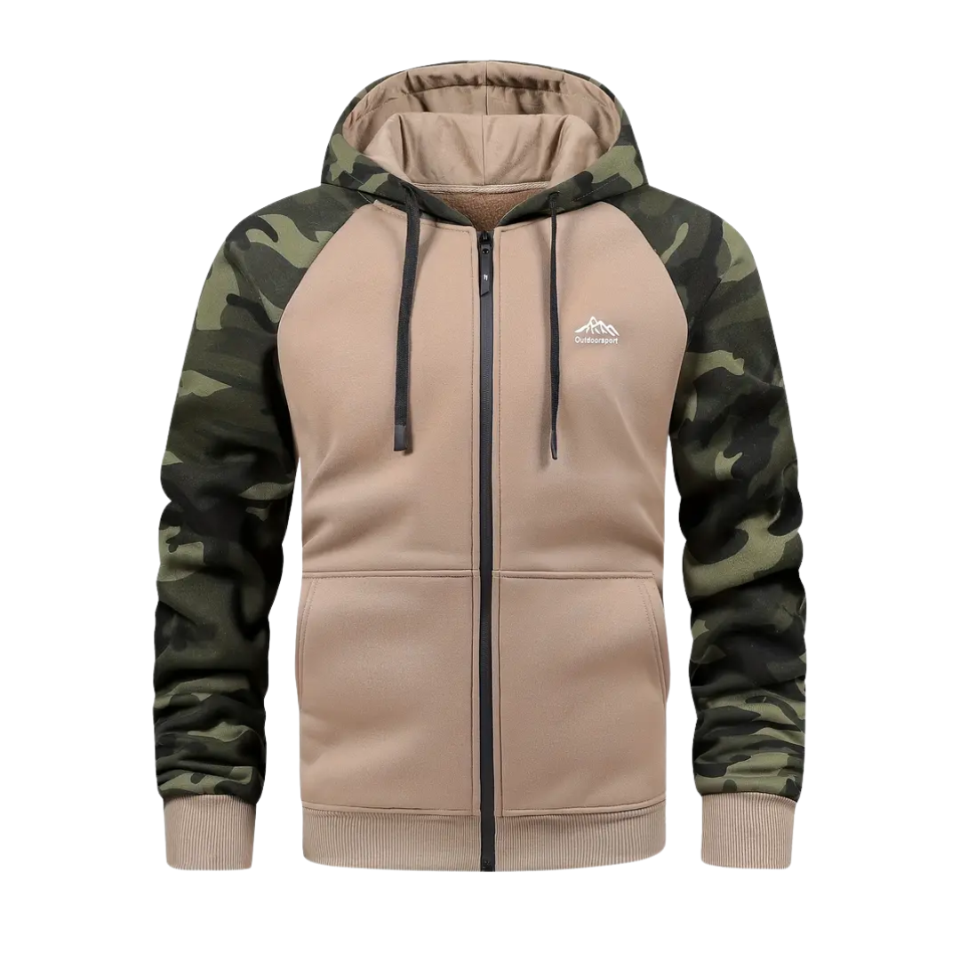 Durable men's camouflage winter jacket with full zip, essential for cold weather.