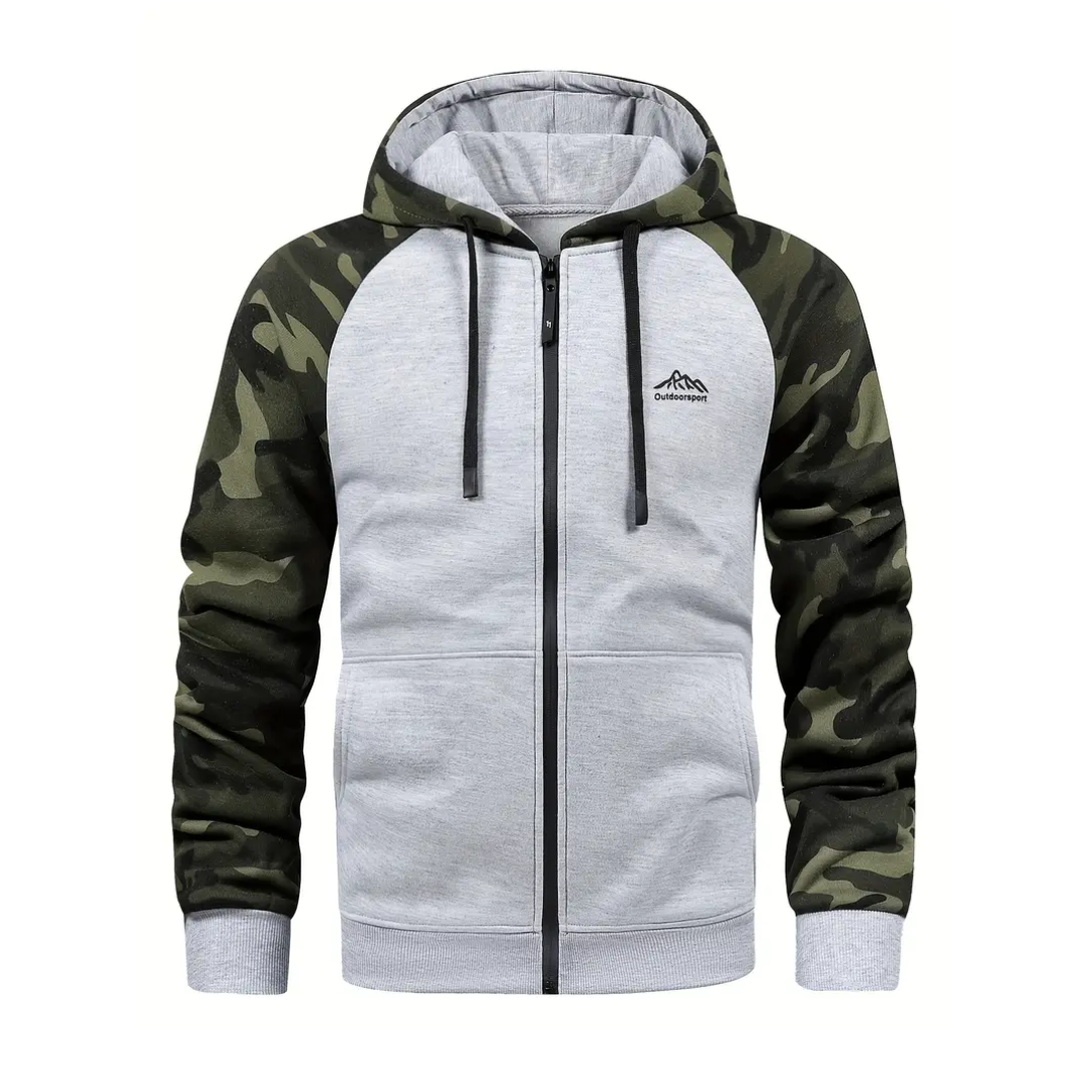 Warm men's camouflage outdoor jacket, ideal for winter adventures & outdoor enthusiasts.