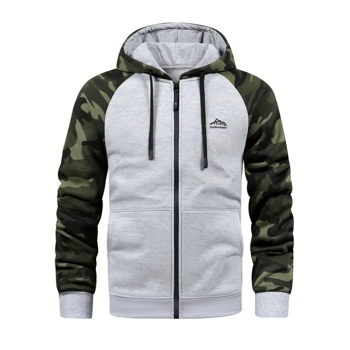 Warm men's camouflage outdoor jacket, ideal for winter adventures & outdoor enthusiasts.
