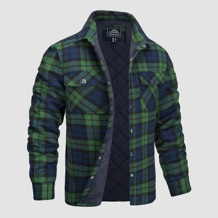 Men's warm checkered jacket, quilted lining, perfect for outdoor activities & winter fashion.