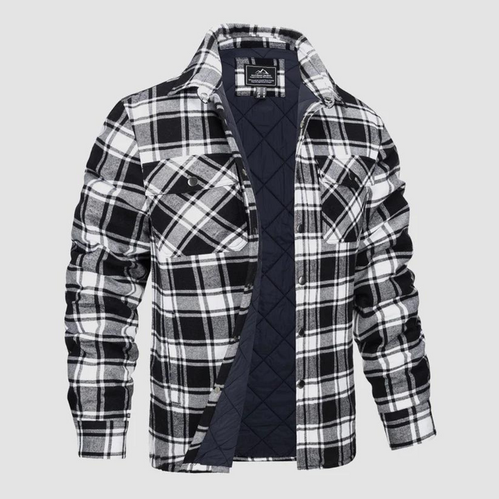 Plaid lumberjack jacket for men, warm quilted lining, ideal for autumn & outdoor comfort.