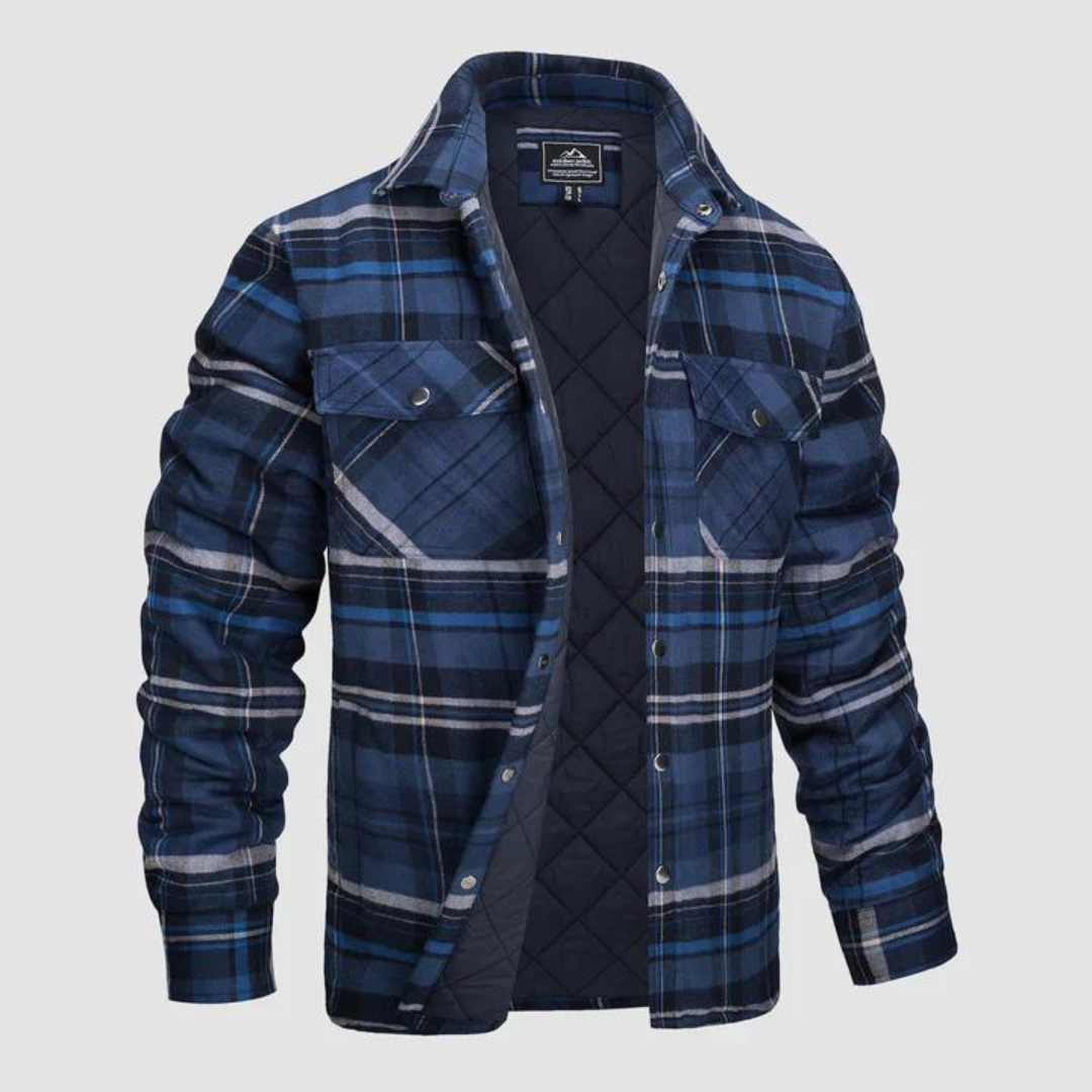 Men's outdoor jacket: cozy checkered design, warm quilted lining, casual winter wear.