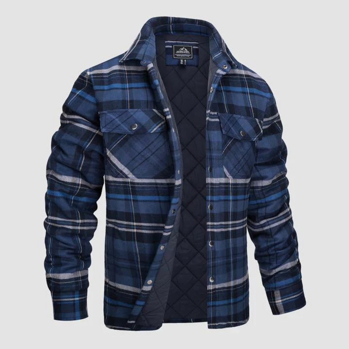 Men's outdoor jacket: cozy checkered design, warm quilted lining, casual winter wear.