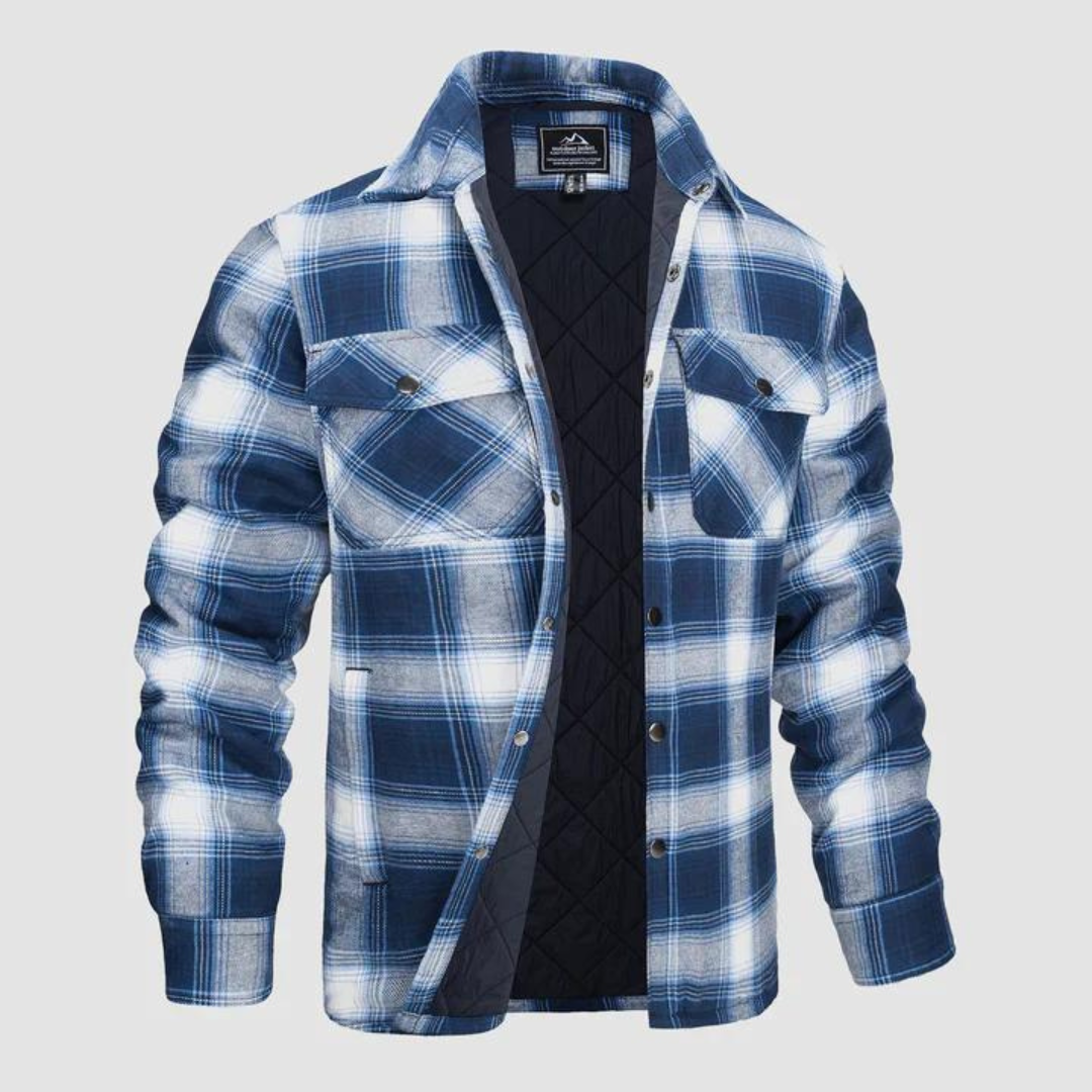 Stylish men's checkered jacket, quilted lining, offering warmth & lumberjack flair for autumn/winter.