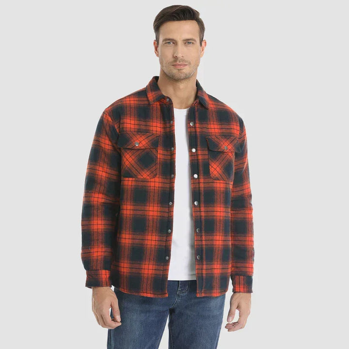 Men's warm plaid outdoor jacket with cozy quilted lining, essential winter & autumn apparel.