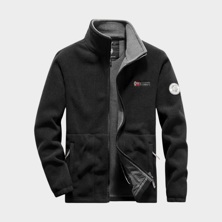 Men's warm full-zip fleece jacket in gray, ideal for casual autumn and winter wear, offering comfort and versatility.
