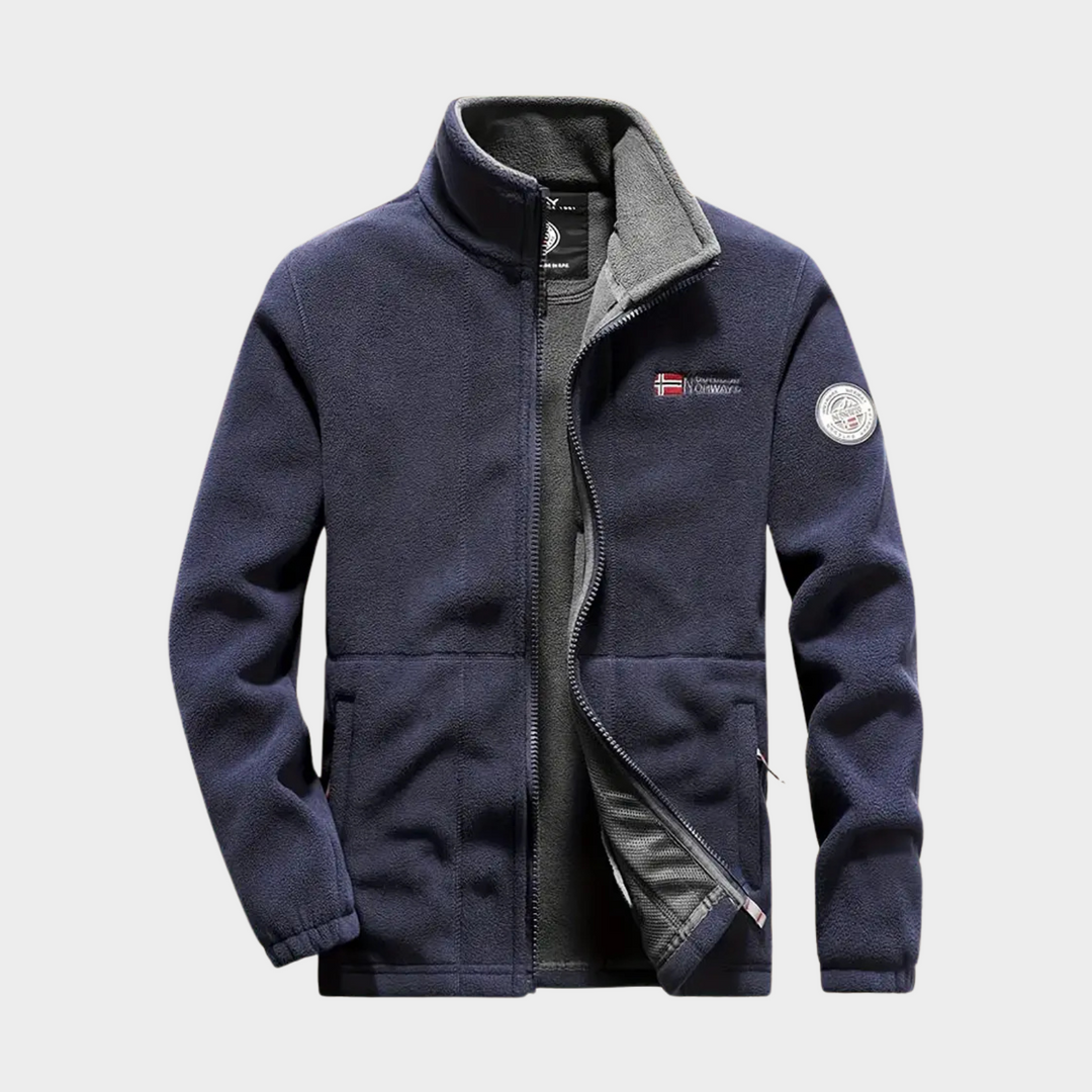 Cozy men's polyester fleece jacket with full zip, perfect warm outerwear for outdoor activities & layering.