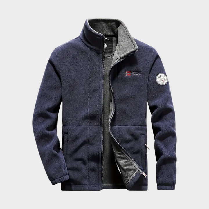 Cozy men's polyester fleece jacket with full zip, perfect warm outerwear for outdoor activities & layering.