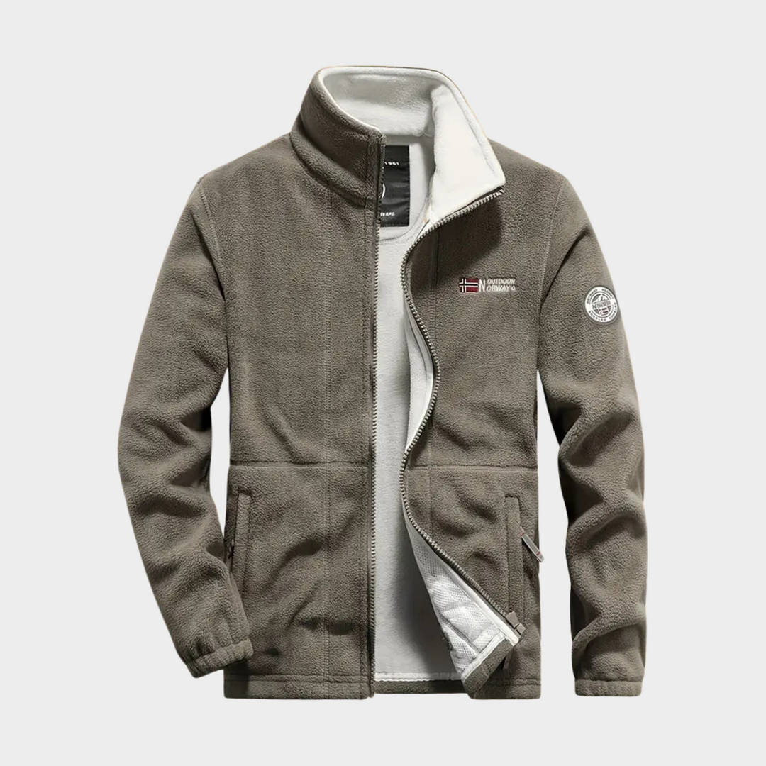 Front view of a men's versatile full-zip fleece jacket in black, designed for warmth, comfort, and outdoor gear.