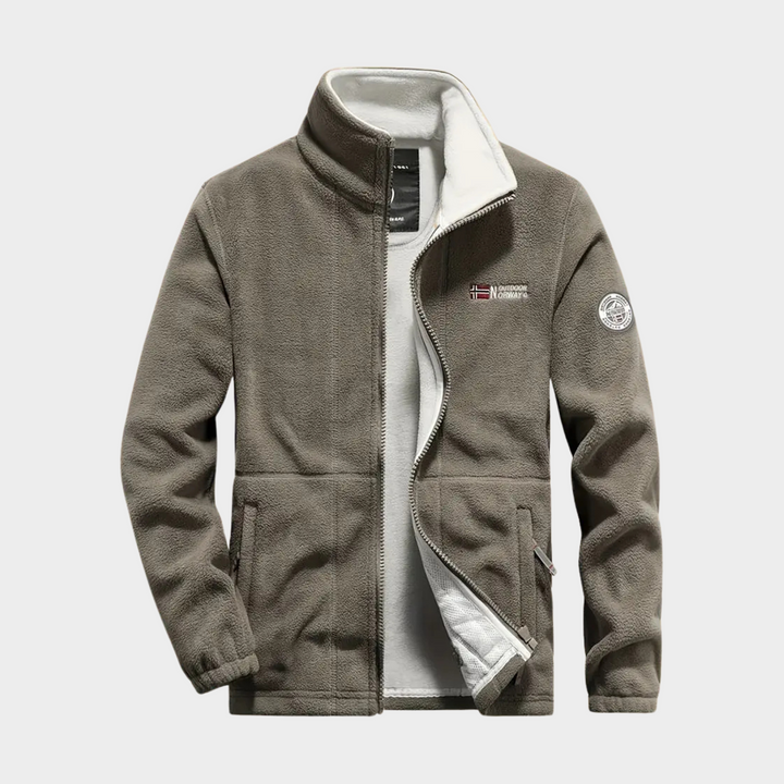 Front view of a men's versatile full-zip fleece jacket in black, designed for warmth, comfort, and outdoor gear.