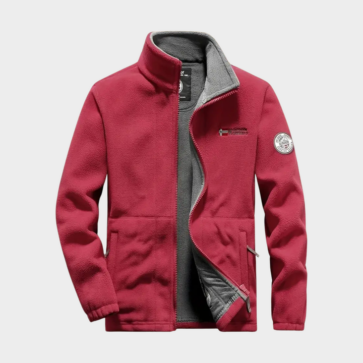 Man wearing a comfortable men's full-zip fleece jacket for autumn hikes, providing cozy warmth and practical style.