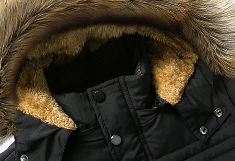 Close-up of the plush fur lining in a men's heavy-duty winter parka