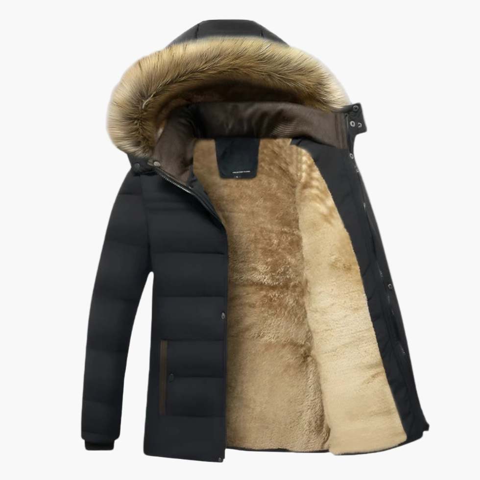 Back view of a men's heavy-duty winter parka, showcasing the durable fabric