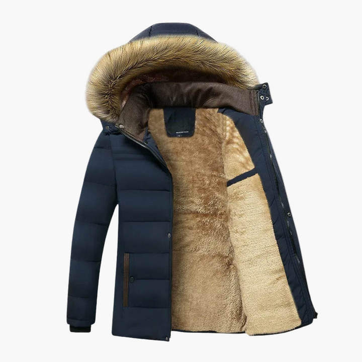 Detailed shot of the robust zipper and buttons on a men's warm winter parka