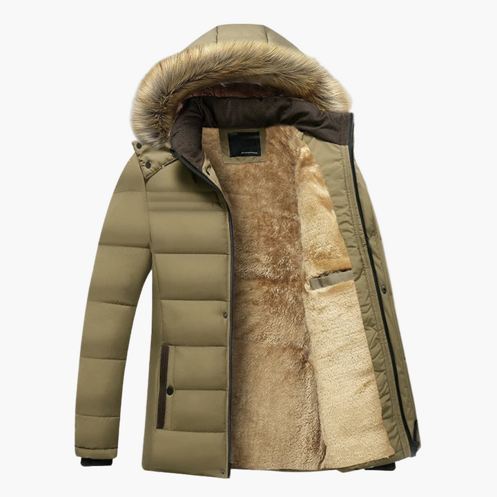 Side profile of a man wearing a fur-lined parka, illustrating the comfortable fit