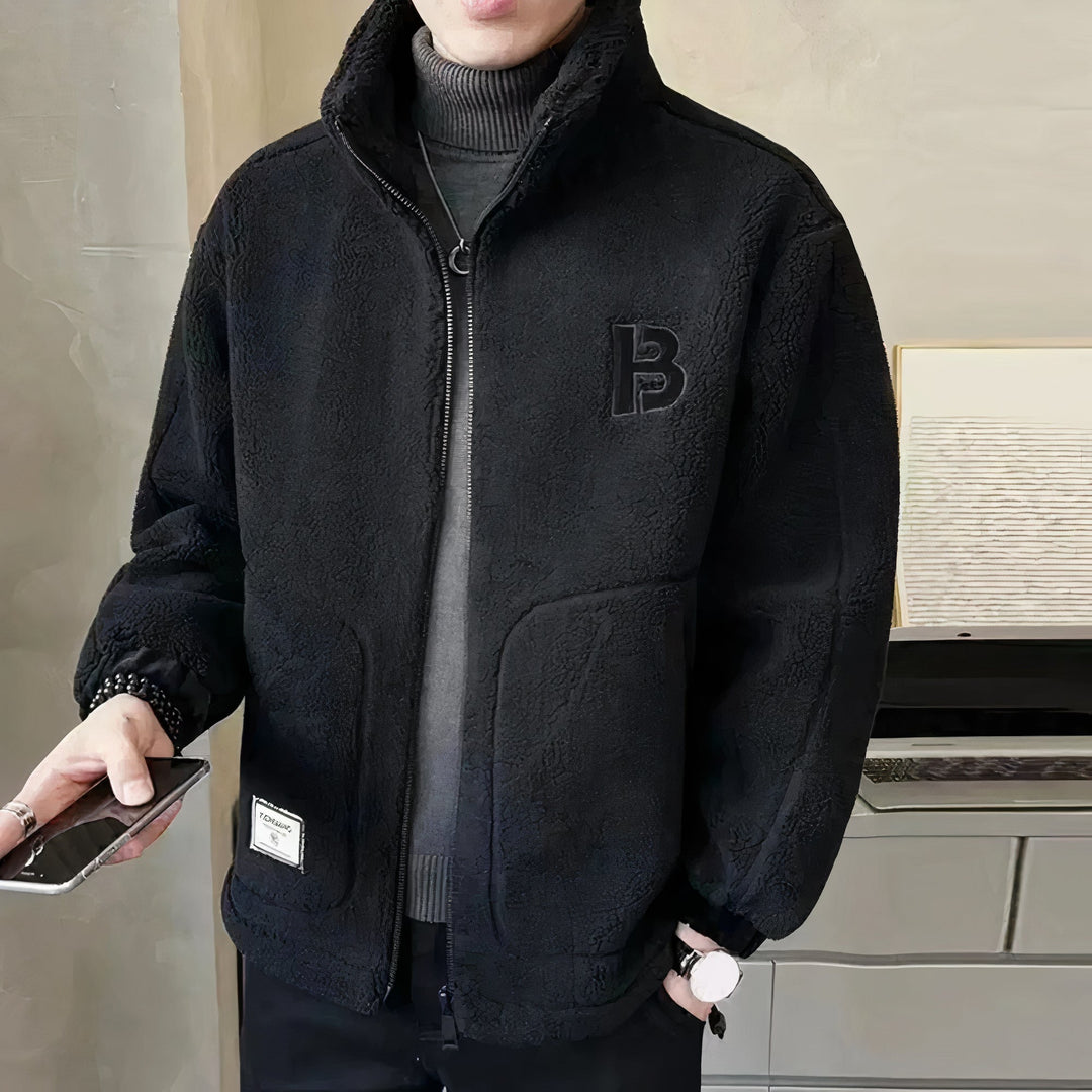 Men's warm high collar fleece winter jacket, perfect for cold weather. Cozy and stylish regular fit outerwear.