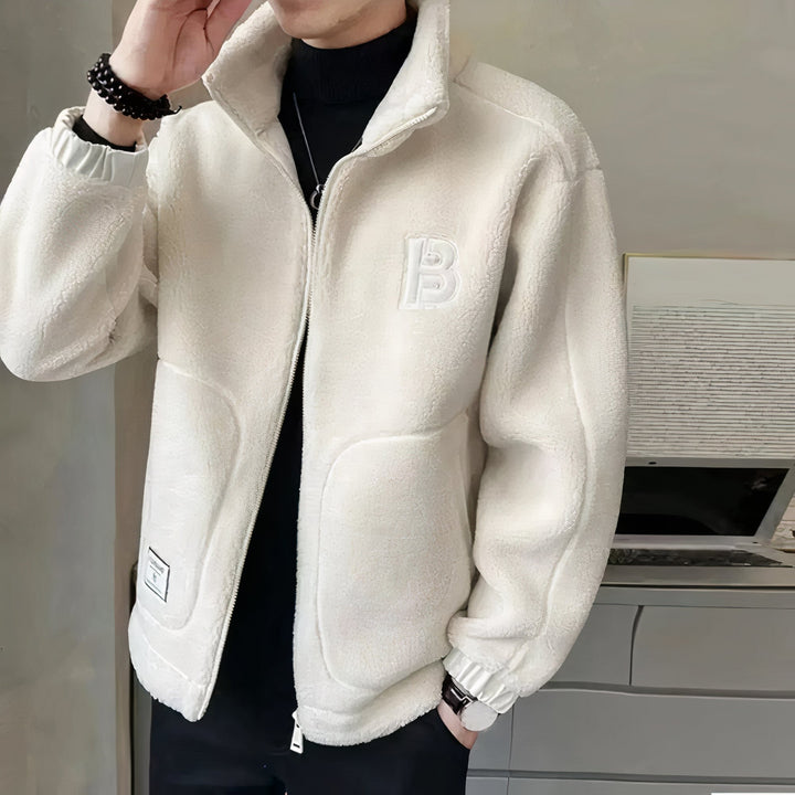 Stylish men's high collar fleece jacket for autumn & winter. Versatile casual outerwear, ideal for cold weather.