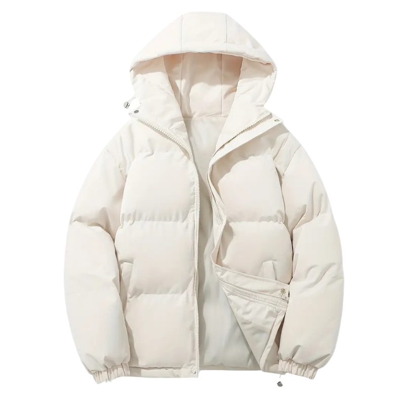 Men's warm hooded puffer jacket, weatherproof, perfect for cold winter days and stylish casual wear.
