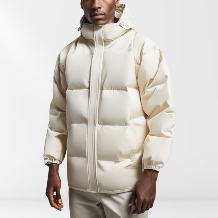 Stylish men's hooded puffer jacket, ideal outerwear for autumn & winter. Warm, weatherproof, casual fashion.