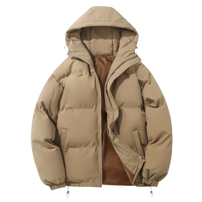 Weatherproof men's puffer jacket with hood for ultimate warmth in cold weather. Durable and comfortable.
