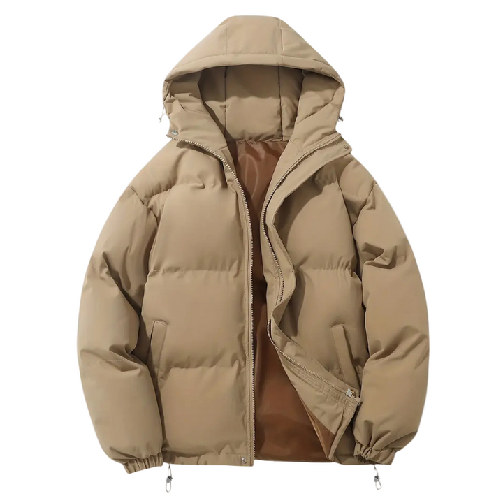 Weatherproof men's puffer jacket with hood for ultimate warmth in cold weather. Durable and comfortable.