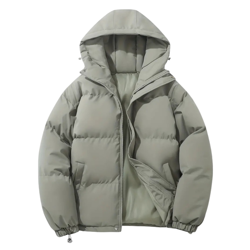 Modern men's padded hooded puffer jacket, designed for warmth, style, and protection against winter elements.