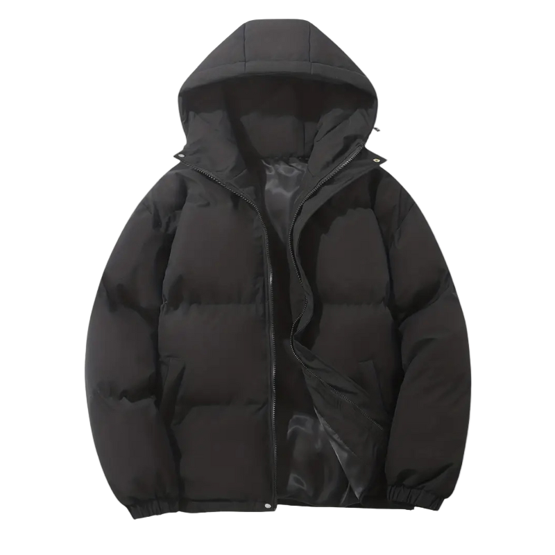Casual men's hooded puffer jacket in a stylish design. Warm, weatherproof, essential winter coat for men.