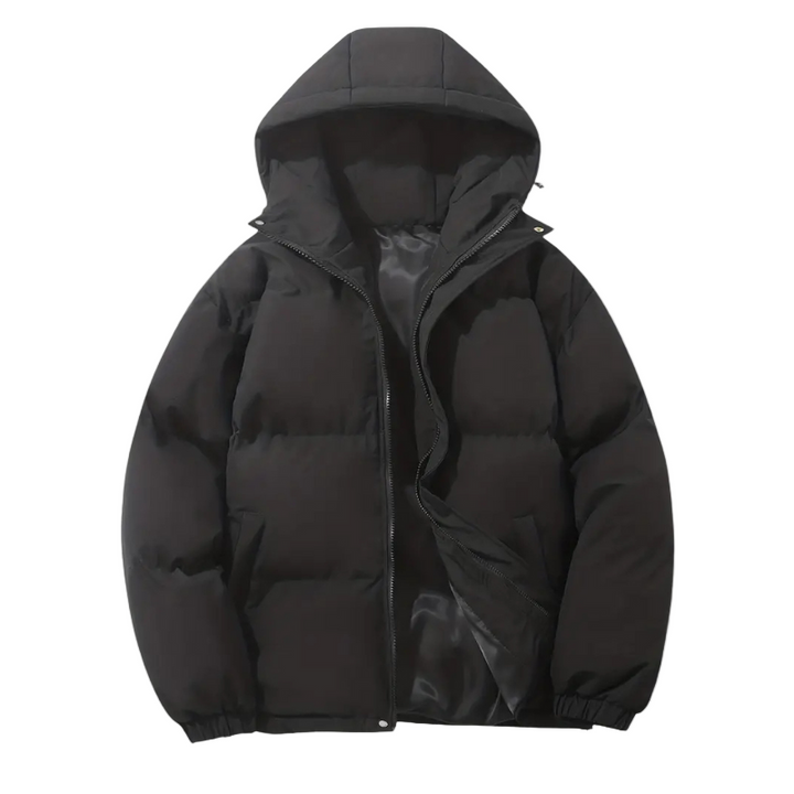 Casual men's hooded puffer jacket in a stylish design. Warm, weatherproof, essential winter coat for men.