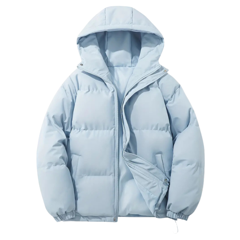 Warm, weatherproof men's hooded puffer jacket. A stylish and practical winter coat for cold weather outerwear.