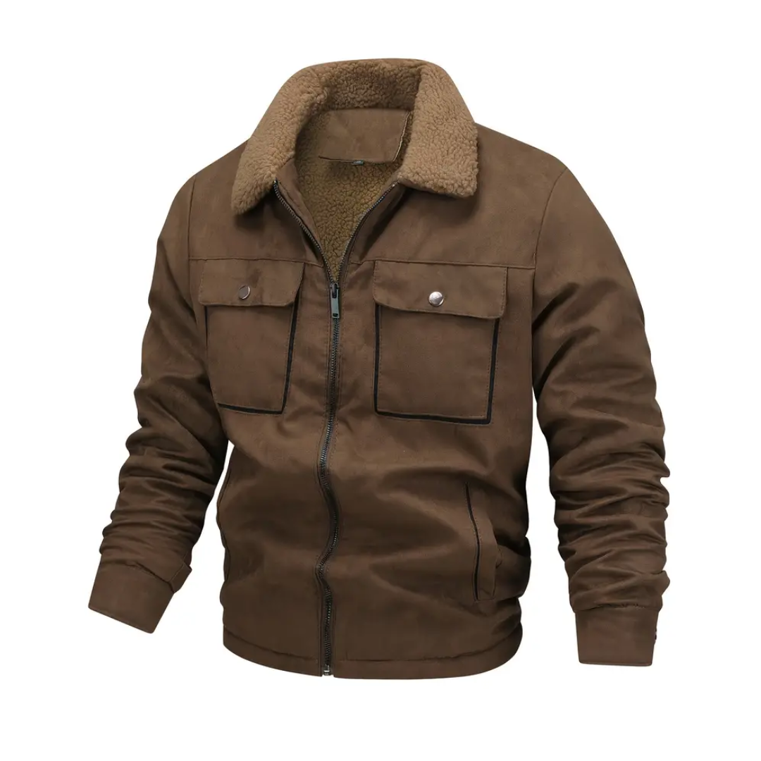 Men's warm outdoor jacket with lapel collar & cozy teddy fleece lining. Perfect for fall & winter.