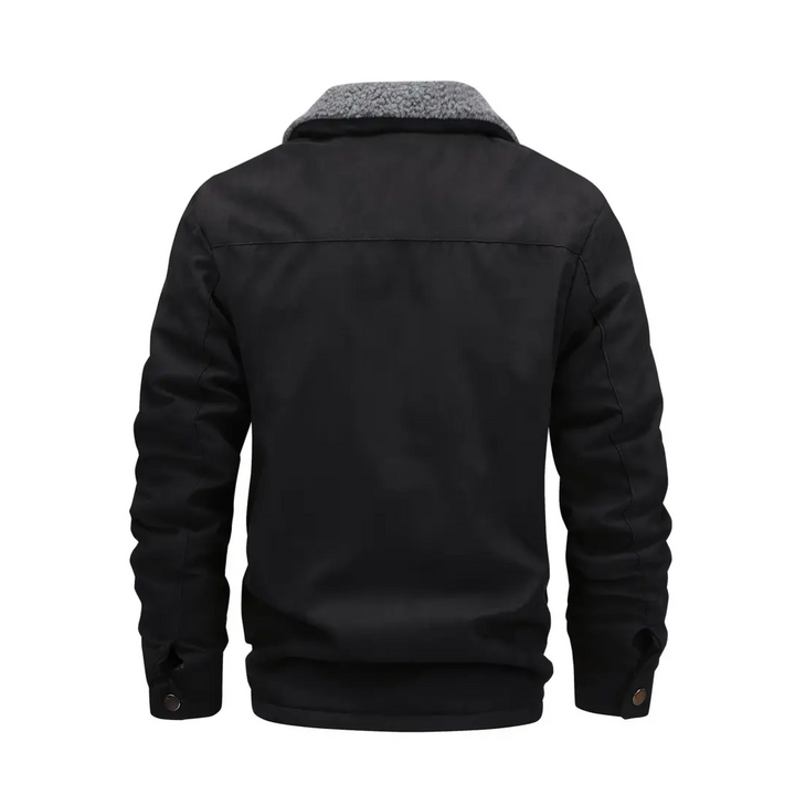 Cozy Corvin men's jacket with a soft teddy fleece lining and elegant lapel collar. Perfect for chilly weather.