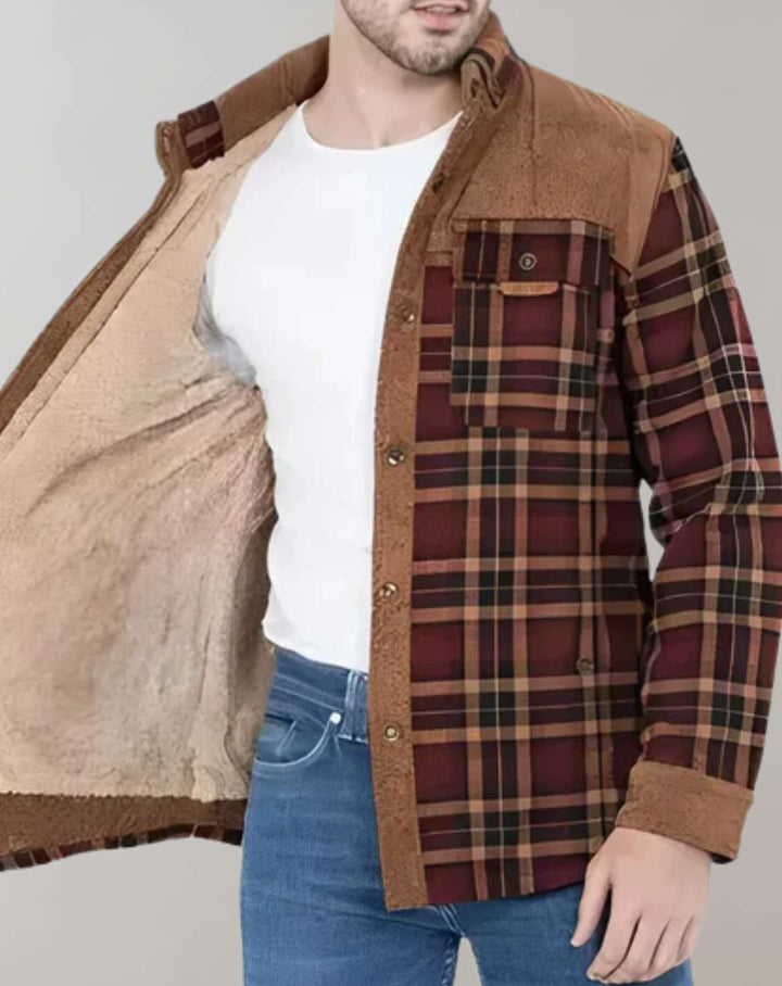 Men's warm padded plaid flannel jacket with full zip and high collar, perfect for winter outerwear.