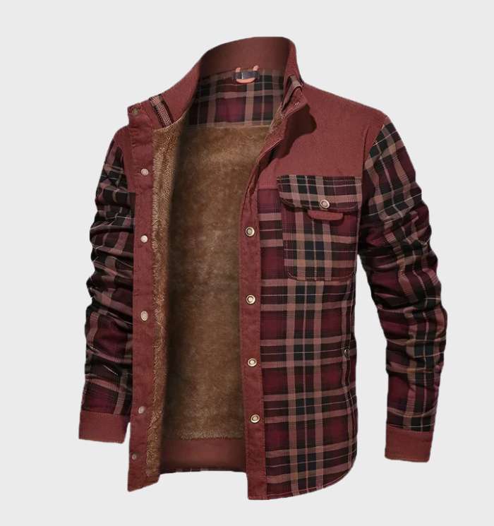 Insulated men's plaid flannel jacket, fleece-lined for warmth. Ideal casual autumn & winter outerwear.
