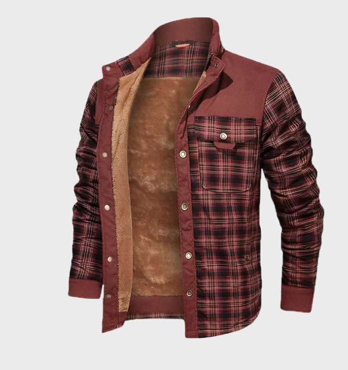 Men's casual autumn/winter plaid padded jacket. Full-zip flannel outerwear with high collar for warmth.