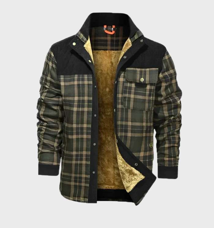 Warm men's padded plaid jacket, fleece-lined for cozy winter comfort. Insulated casual outerwear.