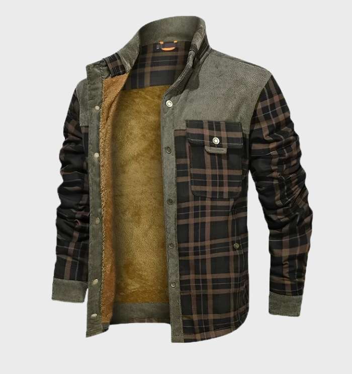 Durable men's warm plaid outer jacket. Padded flannel with fleece lining keeps you cozy in winter.