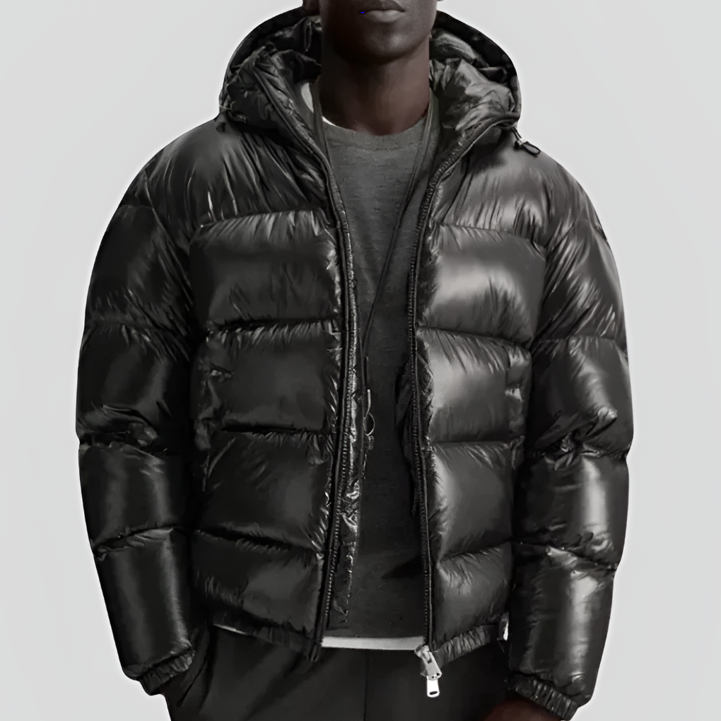 Men's warm quilted winter jacket with full zip & stand collar. Stylish outerwear for cold weather, versatile everyday.