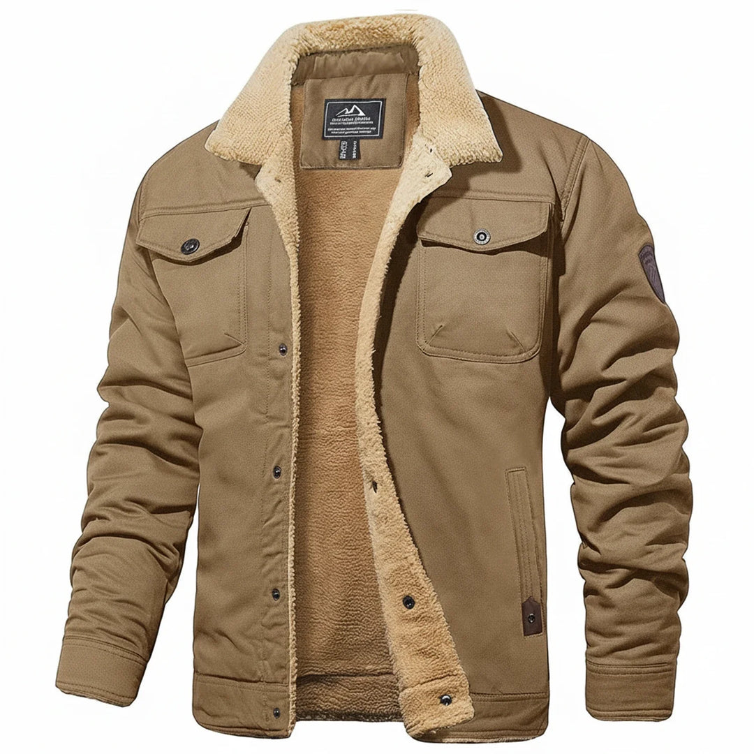 Stylish men's warm jacket for winter, featuring a button-down front and functional chest pockets.