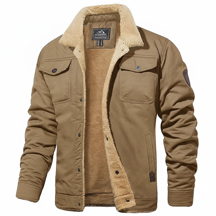 Stylish men's warm jacket for winter, featuring a button-down front and functional chest pockets.