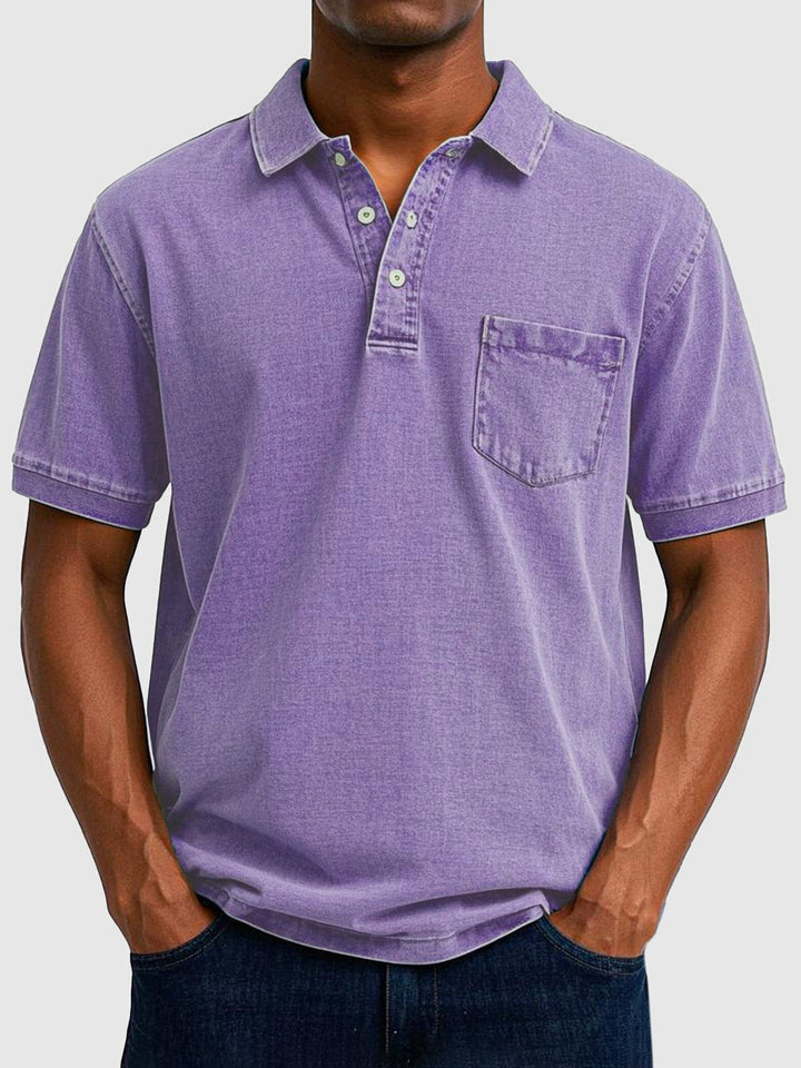 Casual button-neck polo for men: Short sleeve, washed for softness. Effortless comfort & summer style.